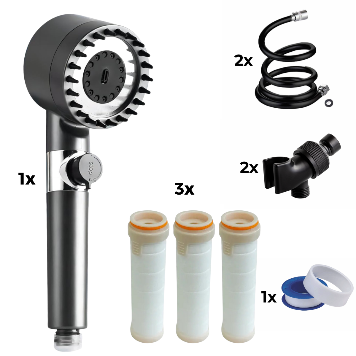 Pomme de douche + 2x tuyau + 2x adaptateur + 3x filtre + ruban téflon